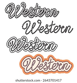 Ilustração vetorial de texto ocidental isolada no fundo branco para design. Laço Cowboy Rodeio letras. Símbolo gráfico preto imprimível ocidental de vetor para impressão