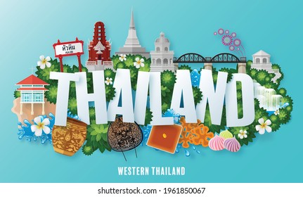 Western Thailand - The most beautiful places to visit in thailand with paper cut art and craft style on paper background. (Thai Translation : Hua Hin )