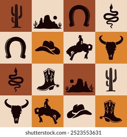 Tema occidental Vector a cuadros sin patrón. Vaquero sin patrón.  Wild West Diseño de repetición sin fisuras. Patrón sin fisuras de Boho. 