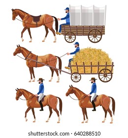 Western Theme With Horse Carriage And Riders. Vector Illustration