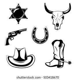 Western theme objects. Sheriff Star Badge. The Skull Of A Buffalo. Revolver Silhouette. Horse Horseshoe. Hat Cowboy. Boots Of The Cowboy. Design Elements Isolated On White Background