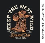 Western theme vector graphic. Cowboy hat on boots, "The West Keep Wild," "Desert Club, Texas, USA." Retro style.