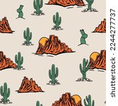 Western Theme Vector Seamless Pattern. Cactus, Cowboy Seamless Repeat Design. Boho Seamless Pattern 