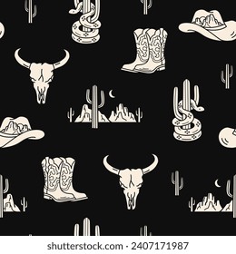 Western Theme Vector Seamless Pattern. Cowboy, cactus, boots, cowboy hat seamless pattern.