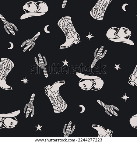 Western Theme Vector Seamless Pattern. Cactus, Cowboy Seamless Repeat Design. Boho Seamless Pattern 