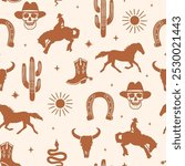 Western Themed Cowboy, Cowgirl Seamless Pattern. Cactus, Cowboy Seamless Repeat Design. Boho Seamless Pattern.