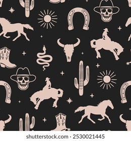 Western Themed Cowboy, Cowgirl Seamless Pattern. Cactus, Cowboy Seamless Repeat Design. Boho Seamless Pattern.