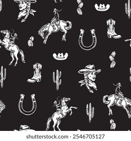 Western Themed Cowgirl Seamless Pattern. Cactus, Cowboy Seamless Repeat Design. Boho Seamless Pattern.