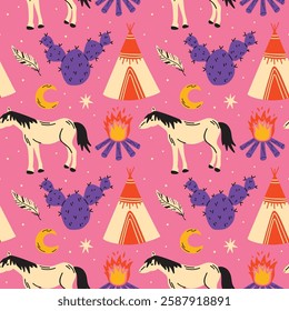 Western themed seamless vector pattern with cute groovy funky cartoon illustration of cowboy boots, horseshoe, snake, skull, moon, sun, cactus, cowgurl aesthetic, wild west