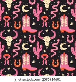 Western themed seamless vector pattern with cute groovy funky cartoon illustration of animal skull, snake, plants, moon, sun, horseshoe, cowboy boots, cowgirl aesthetic, wild west, american native