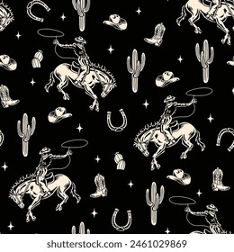 Western Themed Vector Seamless Pattern. Cactus, Cowboy Seamless Repeat Design. Boho Seamless Pattern 