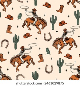 Western Themed Vector Seamless Pattern. Cactus, Cowboy Seamless Repeat Design. Boho Seamless Pattern 