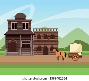 Western town design with wooden buildings and horses carriage over landscape background, colorful design, vector illustration