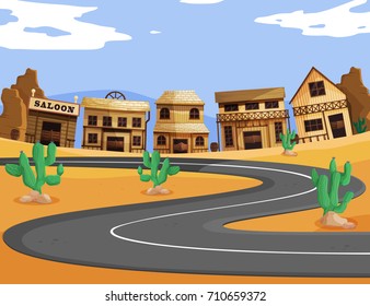 Western town with empty road illustration