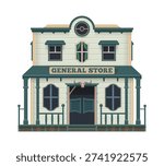 Western town general store cartoon building. USA history architecture wooden construction, American Western general store vector home porch. US ancient city house facade or two storey building