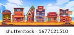 Western town with old wooden buildings. Wild west landscape for game gui. Vector cartoon illustration of wild west city street with catholic church, saloon, sheriff office, bank, hotel and store