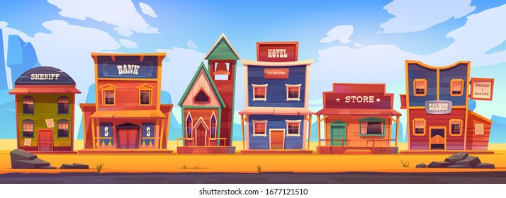 Western town with old wooden buildings. Wild west landscape for game gui. Vector cartoon illustration of wild west city street with catholic church, saloon, sheriff office, bank, hotel and store