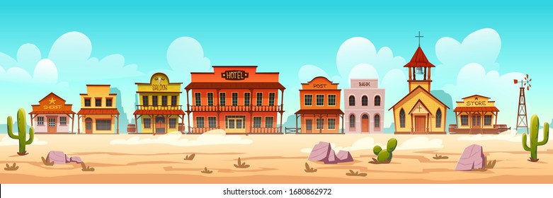 Western town with old wooden buildings. Wild west desert landscape with cactuses. Vector cartoon illustration of wild west city street with catholic church, saloon, sheriff office, bank and hotel