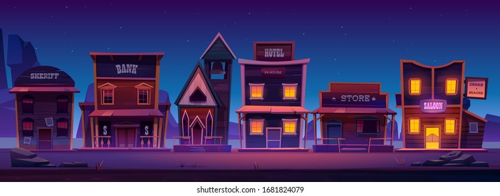 Western town with old wooden buildings at night. Wild west landscape for game gui. Vector cartoon illustration of city street with catholic church, saloon, sheriff office, bank, hotel and store