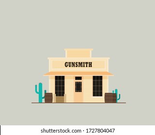 Western Town Rustic Gunsmith Weapons And Ammunition`s Supply Store In Flat Design Style Isolated On Color Background