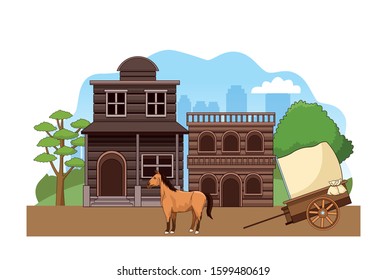 Western town scenery with wooden buildings, horse and carriage over white backgroundm colorful design, vector illustration