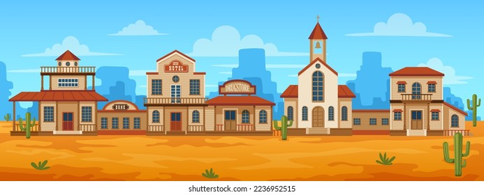 Westliche Stadtstraße. Kartoon wilde Westlandschaft mit alten Holzgebäuden, ländliche Stadtszene mit Bankhotel Cowboy-Salonhäusern. Vektorgrafik. Fassade der Kirche und der Apotheke