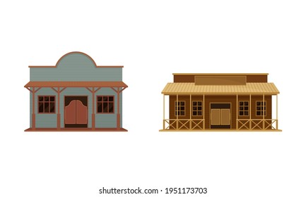 Western Two-storey Saloon or Bar Having Batwing Doors Vector Set
