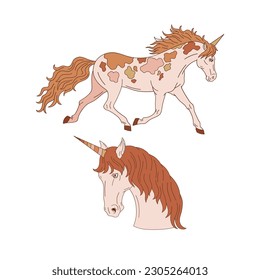Western unicorn horse vector illustration set. Wild West groovy aesthetic clipart design.