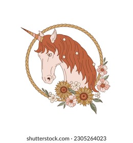 Ilustración vectorial del retrato de unicornio occidental. Diseño estético salvaje del oeste.