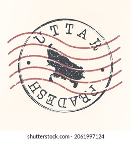 Oeste de Uttar Pradesh, Mapa postal del sello de Uttar Pradesh. Silhouette. Diseño de redondeo de Passport. Icono del vector. Diseño Retro Viaje Símbolo Nacional.