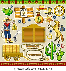 Western vector elements. Cowboy, pistol, rope, cart, hat, boots, wheel, sheriff star, cactus.