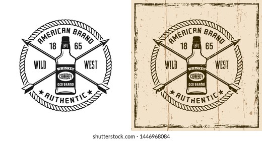 Emblema vectorial occidental, placa, etiqueta, logotipo o impresión en pantalones con botella de whisky en dos estilos monocromo y de color vintage