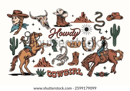 Western vector graphic set with cowgirls, horses, cacti, skulls, hats, boots, and 