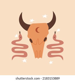 Western vector illustration with bull skull and snake on isolated background. Wild west, mystical, boho, magic, esoteric concept