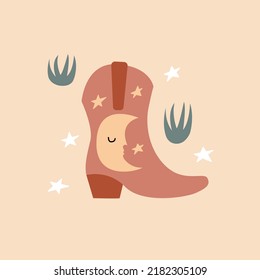 Ilustración vectorial occidental con bota de vaquero, hierba y estrellas en fondo aislado. Oeste salvaje, mística, boho, magia, concepto esotérico