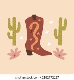 Ilustración vectorial occidental con botas de vaquero, flores y cactús en un fondo aislado. Oeste salvaje, mística, boho, magia, concepto esotérico