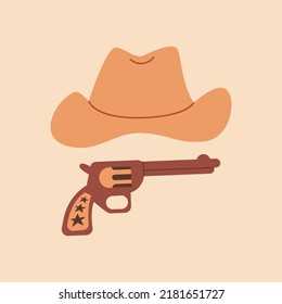 Ilustración vectorial occidental con sombrero de vaquero y arma en un fondo aislado. Oeste salvaje, mística, boho, magia, concepto esotérico