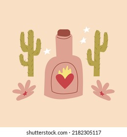 Western vector illustration with cowboy rum bottle, flowers and cactuses on isolated background. Wild west, mystical, boho, magic, esoteric concept