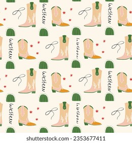 Western. Vector pattern in wild west style with cowboy boots, lasso and cactus.  Great for wallpaper, backgrounds, packaging, fabric, scrapbook