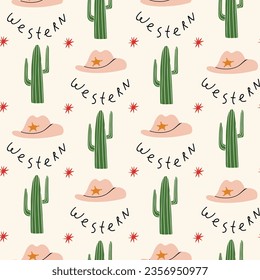 Western. Vector pattern in wild west style with cowboy hat and cactus.  Great for wallpaper, backgrounds, packaging, fabric, scrapbook