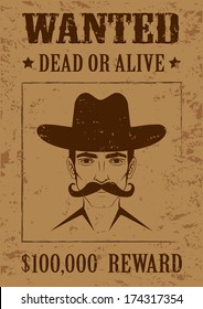 Western Vector Poster, Wanted Dead Or Alive, Vintage Cowboy Face