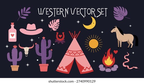 Western Vector Set – Teepee, Cactus, Horse and Desert Icons on Night Sky Background