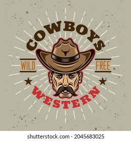 Western vector vintage round emblem, label, badge or logo with cowboy head in colorful cartoon style on light background