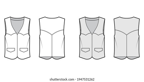 Western vest waistcoat technical fashion illustration with sleeveless, yoke, flap pockets, fitted body . Flat apparel template front, back, white, grey color style. Women, men, unisex top CAD mockup