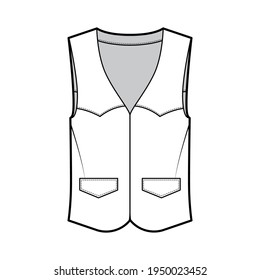 Western vest waistcoat technical fashion illustration with sleeveless, yoke, flap pockets, fitted body . Flat apparel template front, white color style. Women, men, unisex top CAD mockup