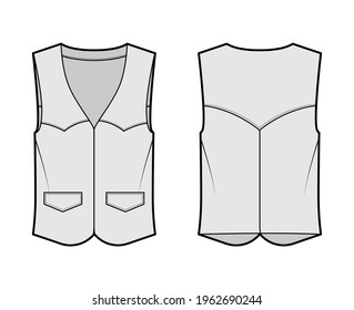 Western vest waistcoat technical fashion illustration with sleeveless, yoke, flap pockets, fitted body . Flat apparel template front, back, grey color style. Women, men, unisex top CAD mockup