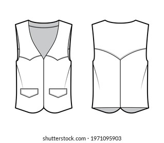 Western vest waistcoat technical fashion illustration with sleeveless, yoke, flap pockets, fitted body . Flat apparel template front, back, white color style. Women, men, unisex top CAD mockup