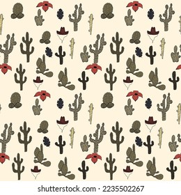 Western vibes pattern with cactus and flowers