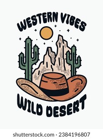 Western vibes wild desert design with cowboy hat vintage vector art