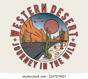 Western vintage artwork. Arizona desert t-shirt design. Desert vibes and cactus vector graphic print design for apparel, stickers, posters, background and others. 